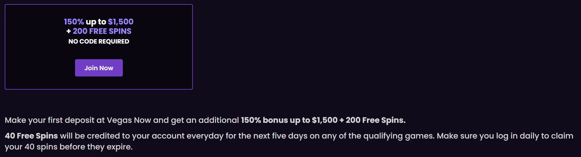 VegasNow welcome offer showing deposit bonuses and free spins