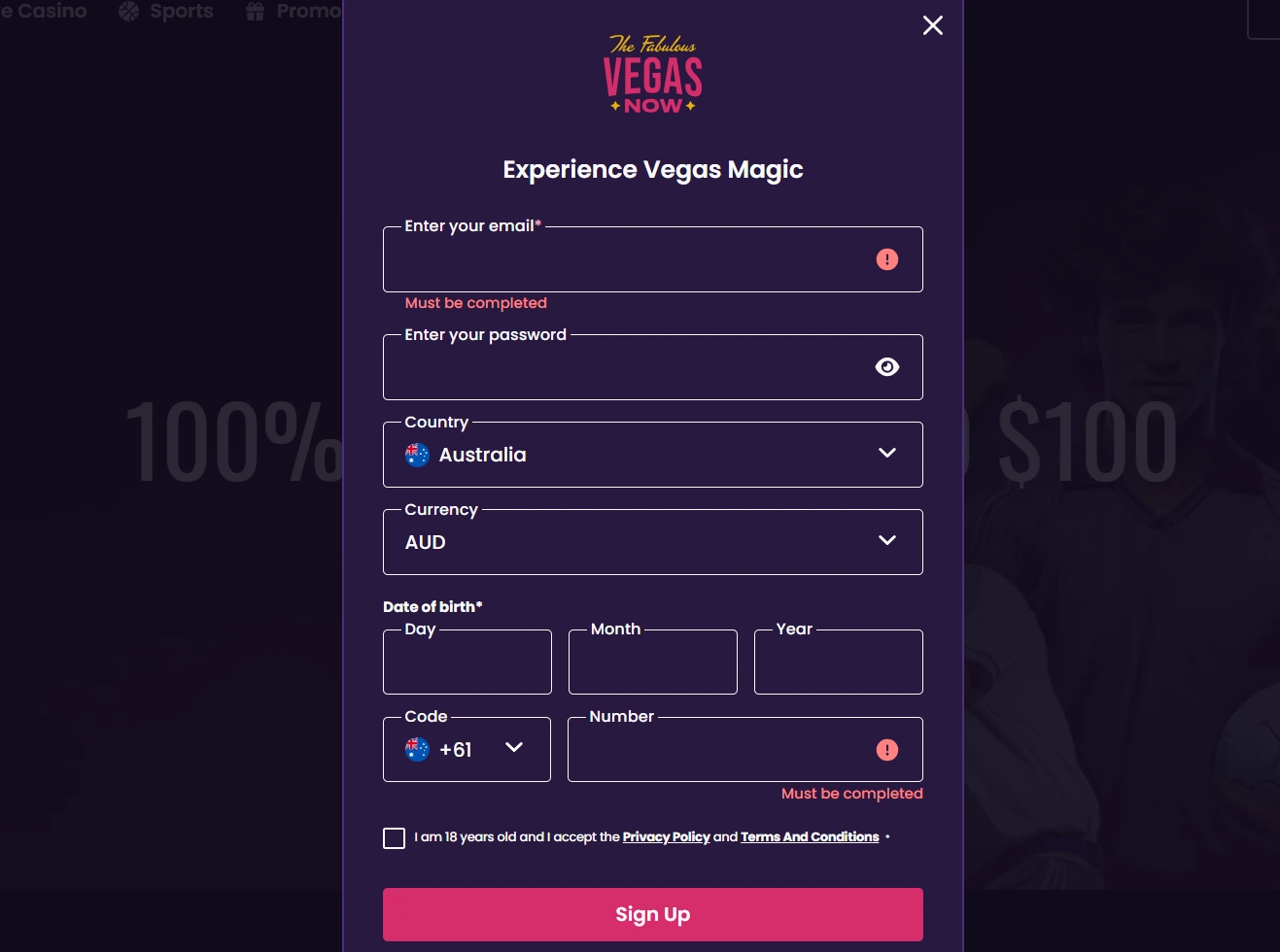 VegasNow account registration form and sign-up controls