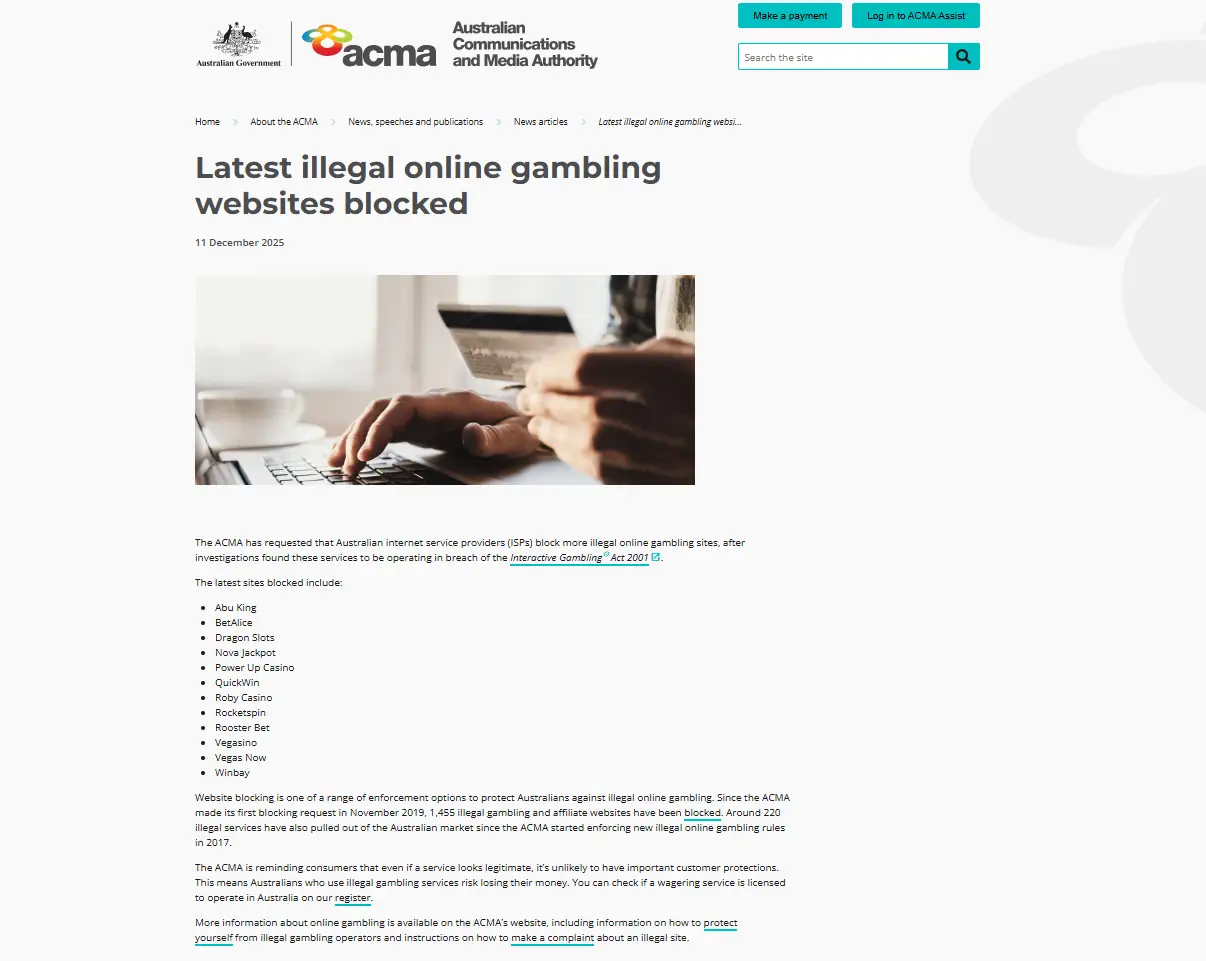 ACMA page naming Vegas Now among online gambling sites blocked in Australia
