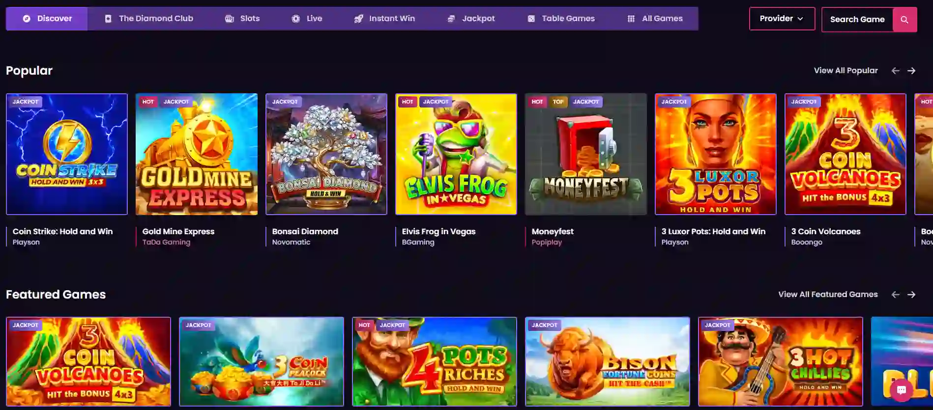 VegasNow games lobby with casino categories and game tiles
