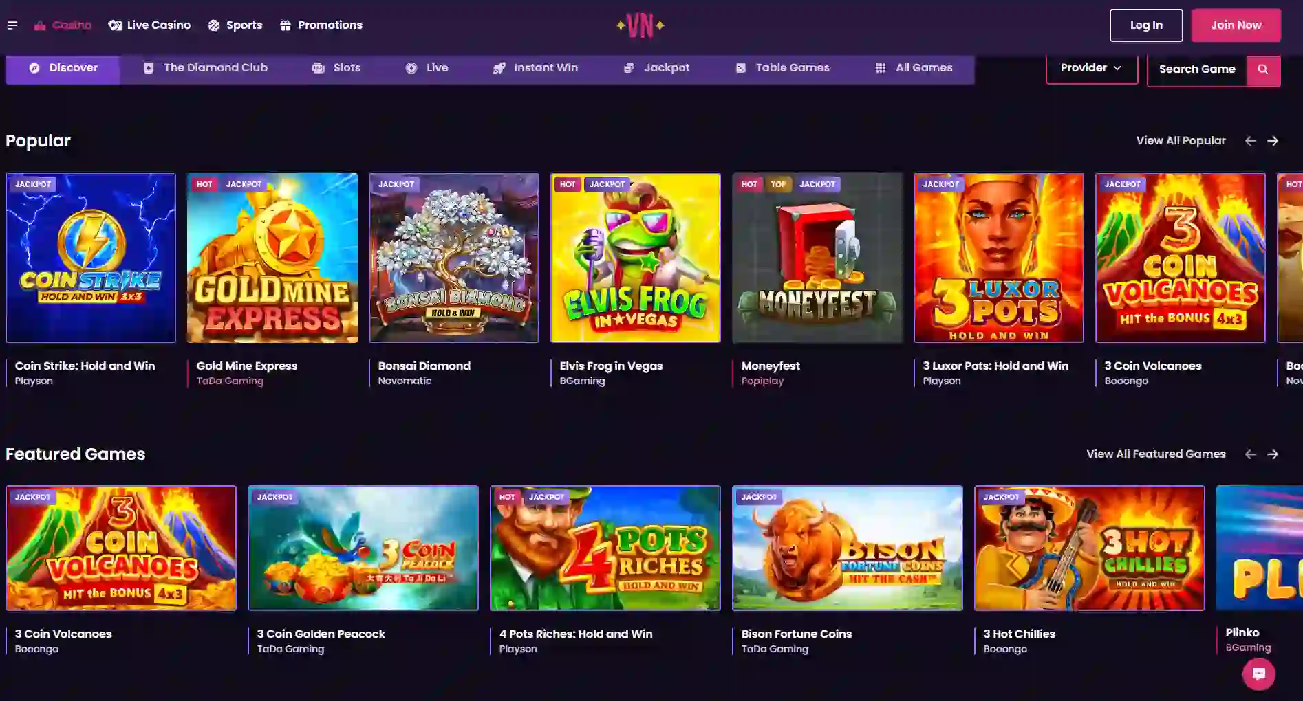 VegasNow Australia-facing homepage with casino navigation and game categories